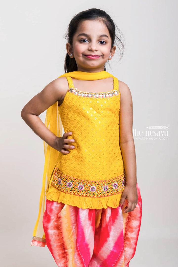 The Nesavu Girls Dothi Sets Yellow Sequenced Top With Tie And Dyed Patiala Pants For Girls Nesavu Vibrant Yellow Short Tops And Patiala Pants| Latest Design| The Nesavu
