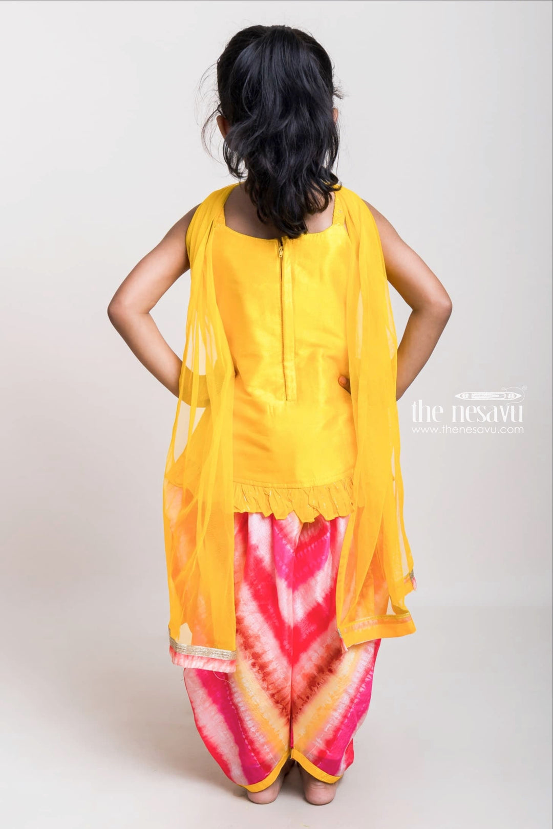 The Nesavu Girls Dothi Sets Yellow Sequenced Top With Tie And Dyed Patiala Pants For Girls Nesavu Vibrant Yellow Short Tops And Patiala Pants| Latest Design| The Nesavu