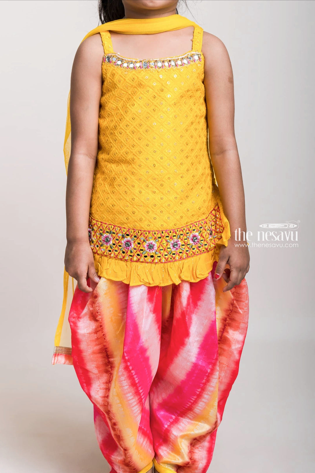 The Nesavu Girls Dothi Sets Yellow Sequenced Top With Tie And Dyed Patiala Pants For Girls Nesavu Vibrant Yellow Short Tops And Patiala Pants| Latest Design| The Nesavu