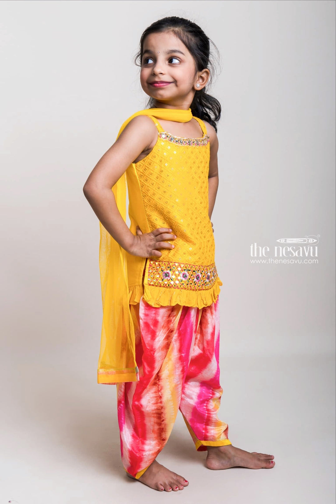 The Nesavu Girls Dothi Sets Yellow Sequenced Top With Tie And Dyed Patiala Pants For Girls Nesavu Vibrant Yellow Short Tops And Patiala Pants| Latest Design| The Nesavu