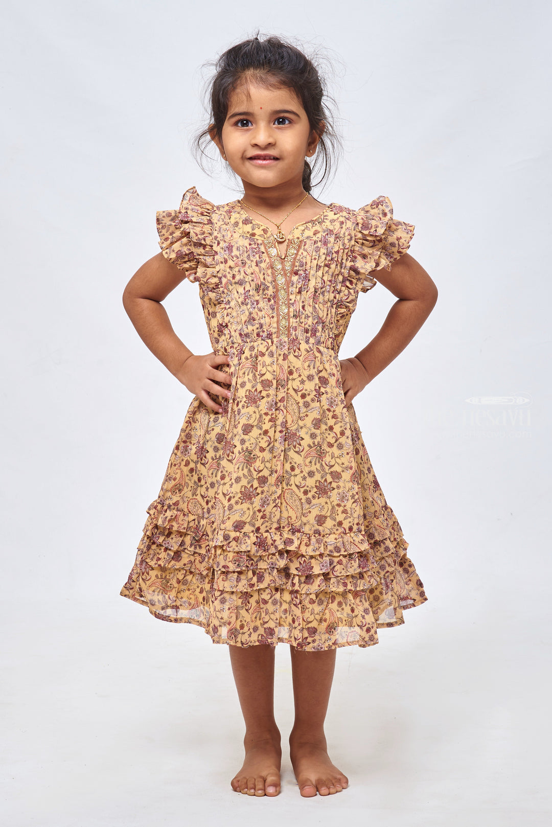 The Nesavu Girls Cotton Frock Yellow Sequin Sunshine: Cotton Frock with Paisley Prints Nesavu 22 (4Y) / Yellow / Georgette GFC1131B-22 Simple Cotton Frock Design for Girls | Baby Frock Cotton | the Nesavu