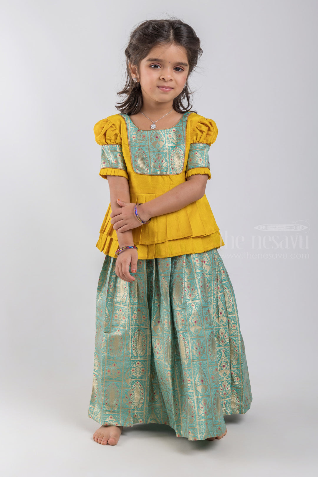 The Nesavu Pattu Pavadai Yellow Silk Blouse N Green Pattu Pavadai with Zari Banarasi Design For Girls psr silks Nesavu 16 (1Y) / Yellow / Jacquard GPP279D