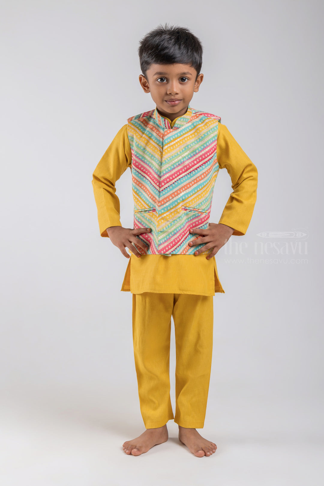 The Nesavu Boys Jacket Sets Yellow Solid Silk Cotton Kurta and Pant with Multicolor Stripes Bandhani Printed Overcoat for Boys psr silks Nesavu 14 (6M) / Yellow / Silk Cotton BES351A