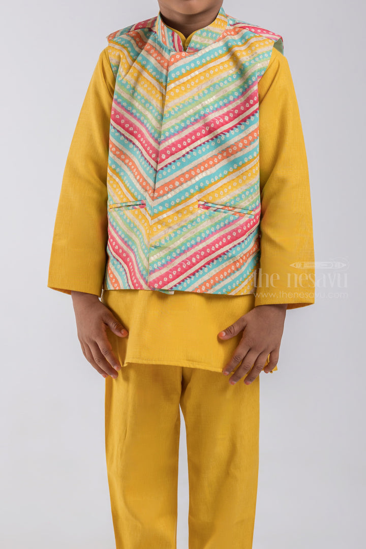 The Nesavu Boys Jacket Sets Yellow Solid Silk Cotton Kurta and Pant with Multicolor Stripes Bandhani Printed Overcoat for Boys psr silks Nesavu