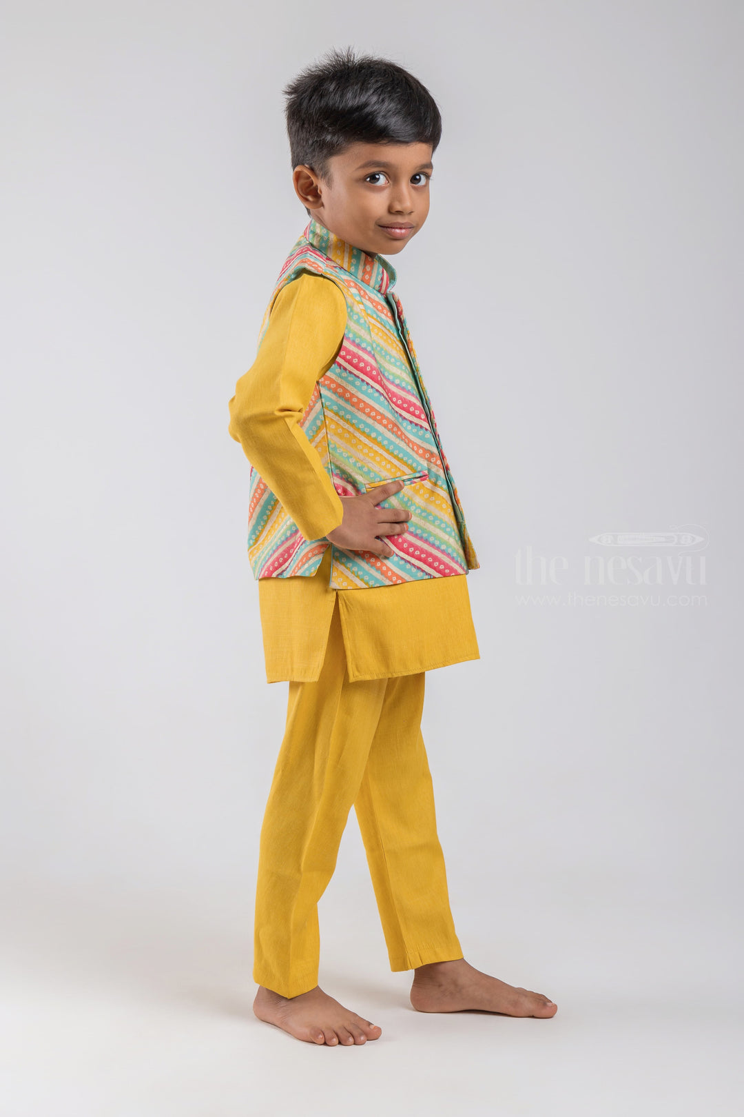 The Nesavu Boys Jacket Sets Yellow Solid Silk Cotton Kurta and Pant with Multicolor Stripes Bandhani Printed Overcoat for Boys psr silks Nesavu