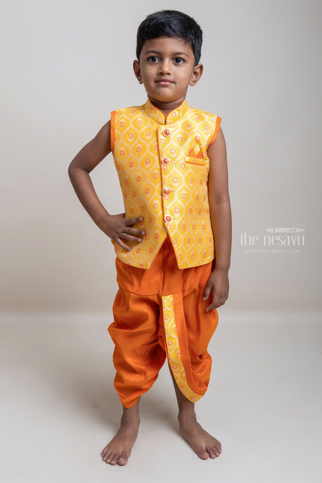 The Nesavu Boys Dothi Set Yellow Stylish Ethnic Kurta With Orange Dhoti For Little Boys Nesavu 14 (6M) / Yellow / Silk Blend BES280A-14 Traditional Collection For Boys | Cotton kurta Collection | The Nesavu