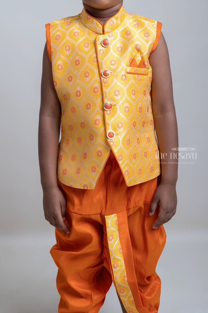 The Nesavu Boys Dothi Set Yellow Stylish Ethnic Kurta With Orange Dhoti For Little Boys Nesavu Traditional Collection For Boys | Cotton kurta Collection | The Nesavu