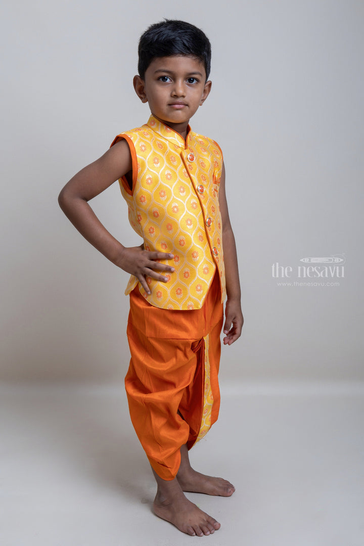 The Nesavu Boys Dothi Set Yellow Stylish Ethnic Kurta With Orange Dhoti For Little Boys Nesavu Traditional Collection For Boys | Cotton kurta Collection | The Nesavu