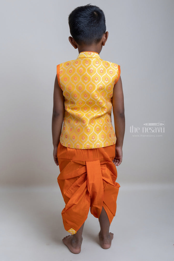 The Nesavu Boys Dothi Set Yellow Stylish Ethnic Kurta With Orange Dhoti For Little Boys Nesavu Traditional Collection For Boys | Cotton kurta Collection | The Nesavu
