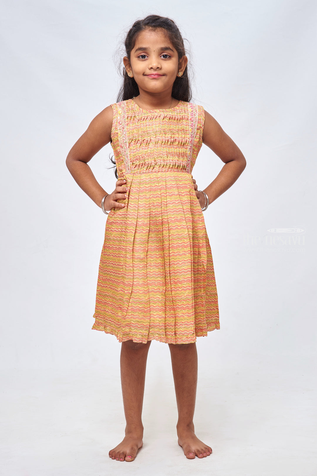 The Nesavu Girls Cotton Frock Yellow Wave Wonder: Sleeveless Daily Wear Cotton Frock for Girls Nesavu 16 (1Y) / Yellow / Cotton Blend GFC1136A-16 Cotton Printed Frock | Daily Wear Cotton Frocks | the Nesavu