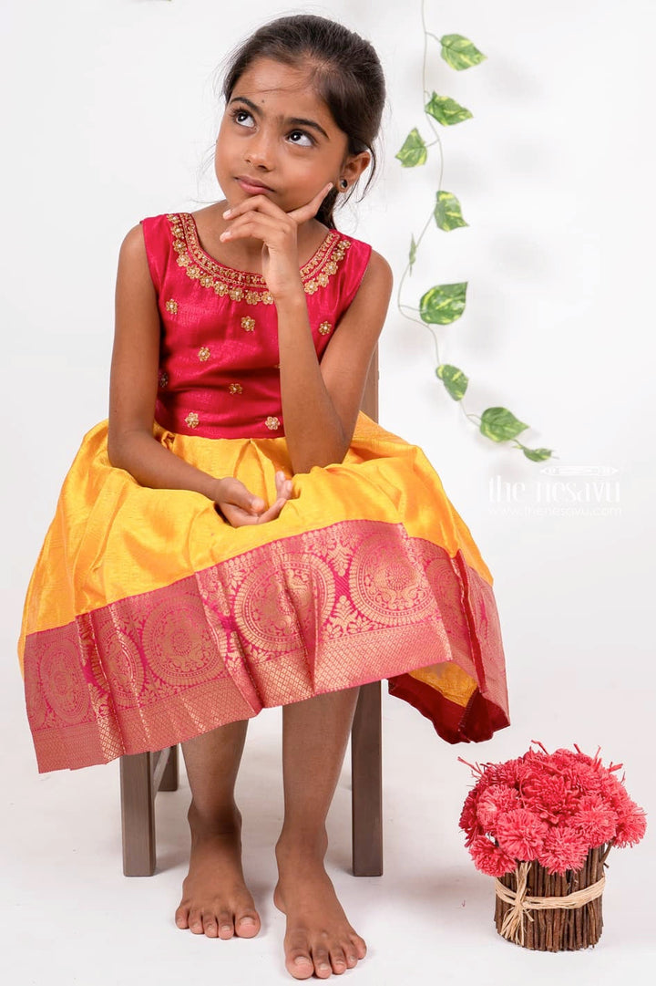The Nesavu Silk Party Frock Yellow With Purple Hand Embroidery Readymade Silk Gown Nesavu Yellow Designer Silk Frock | Buy Embroidery Pattu Dresses | The Nesavu