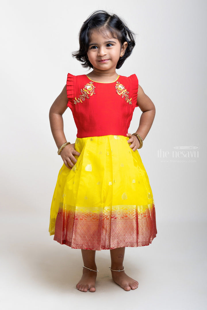 The Nesavu Silk Party Frock Yellow With Red Jacquard Hand Embroidery Silk Frock Nesavu 12 (3M) / Yellow SF111B Yellow Designer Silk Frock | Buy Embroidery Pattu Dresses | The Nesavu