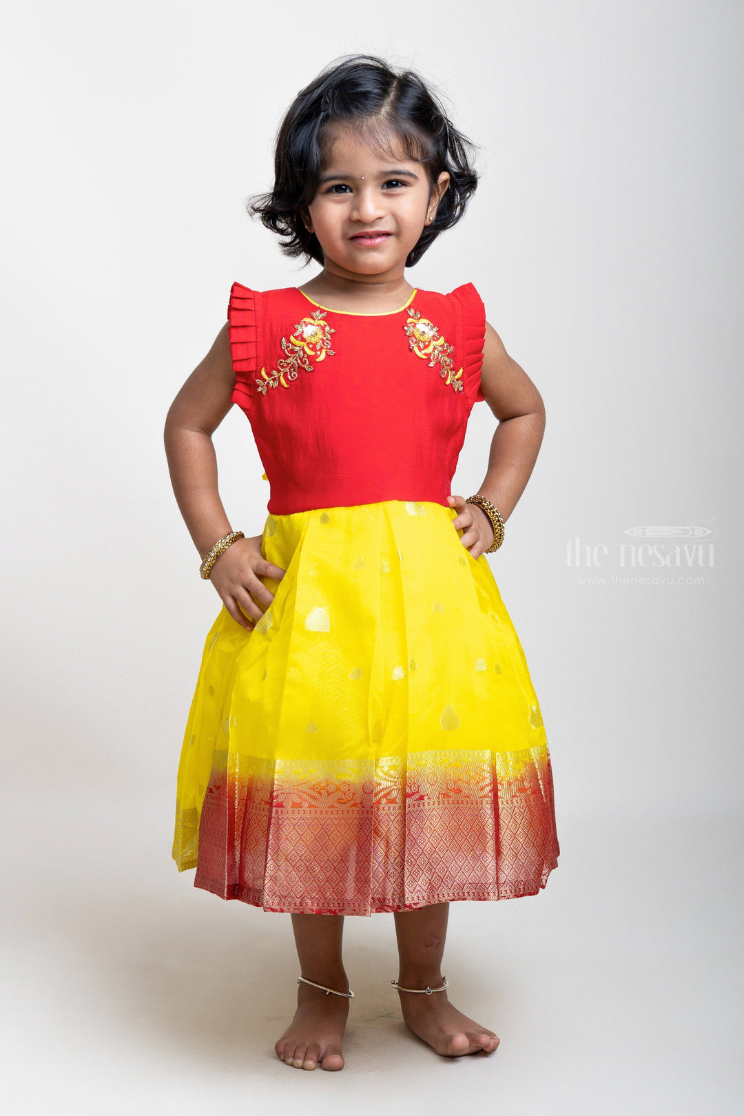 The Nesavu Silk Party Frock Yellow With Red Jacquard Hand Embroidery Silk Frock Nesavu Yellow Designer Silk Frock | Buy Embroidery Pattu Dresses | The Nesavu