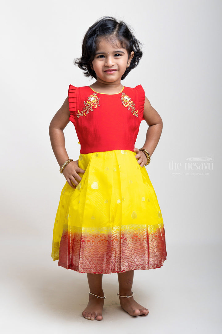 The Nesavu Silk Party Frock Yellow With Red Jacquard Hand Embroidery Silk Frock Nesavu Yellow Designer Silk Frock | Buy Embroidery Pattu Dresses | The Nesavu