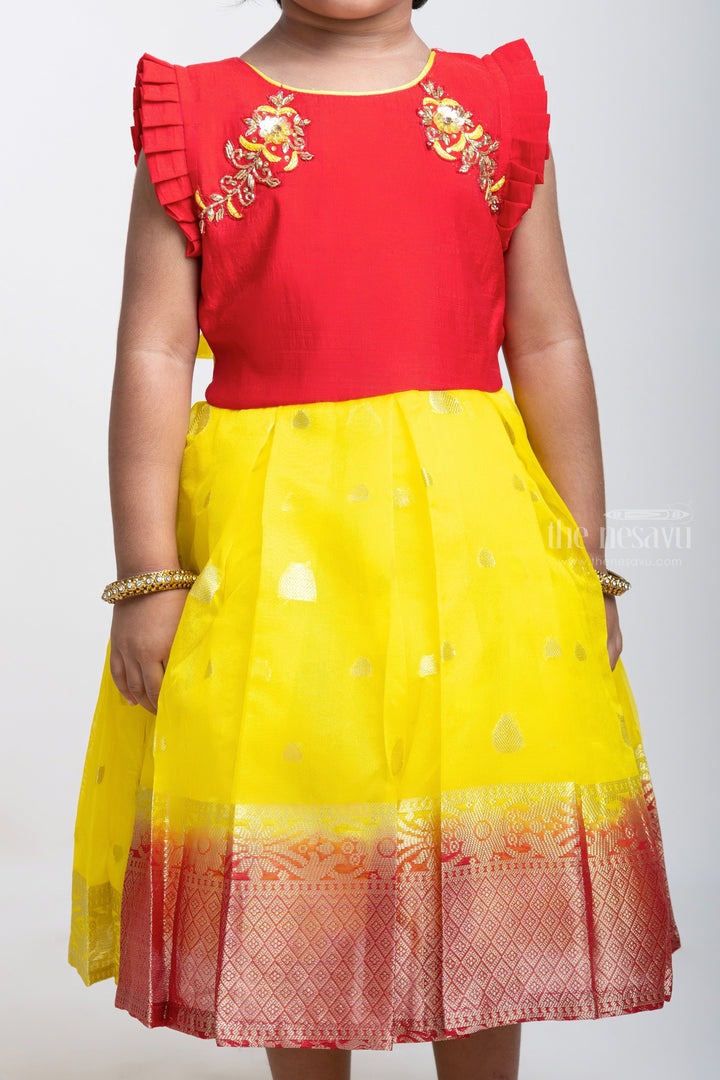 The Nesavu Silk Party Frock Yellow With Red Jacquard Hand Embroidery Silk Frock Nesavu Yellow Designer Silk Frock | Buy Embroidery Pattu Dresses | The Nesavu
