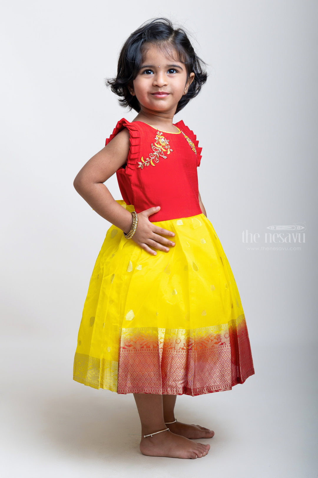 The Nesavu Silk Party Frock Yellow With Red Jacquard Hand Embroidery Silk Frock Nesavu Yellow Designer Silk Frock | Buy Embroidery Pattu Dresses | The Nesavu