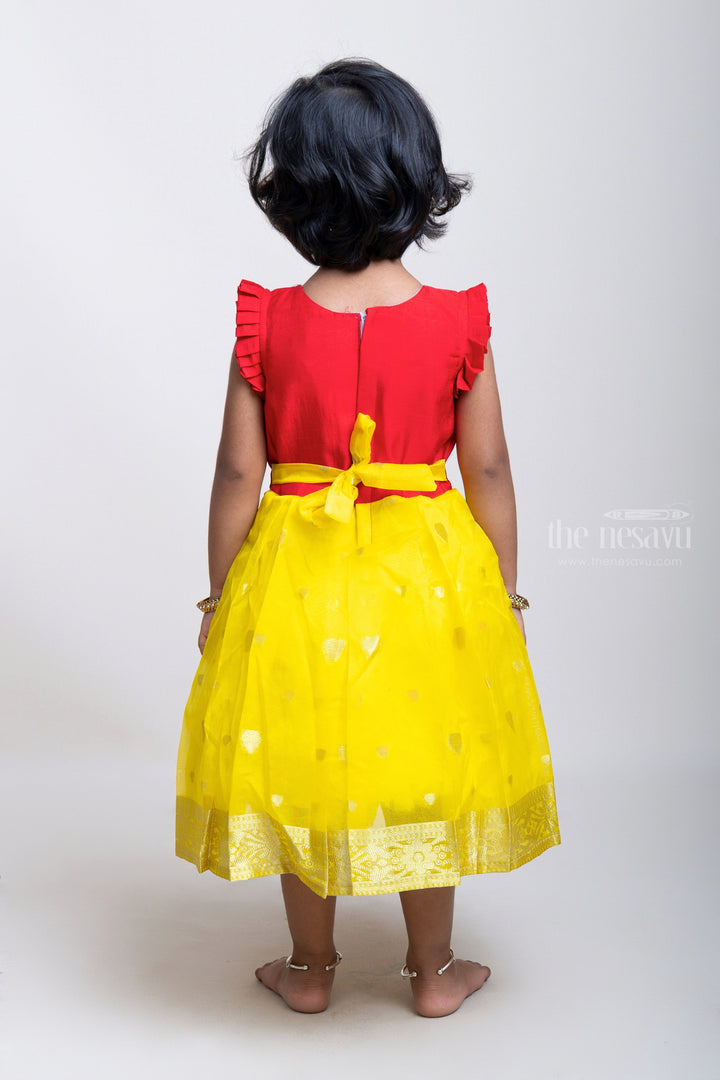 The Nesavu Silk Party Frock Yellow With Red Jacquard Hand Embroidery Silk Frock Nesavu Yellow Designer Silk Frock | Buy Embroidery Pattu Dresses | The Nesavu