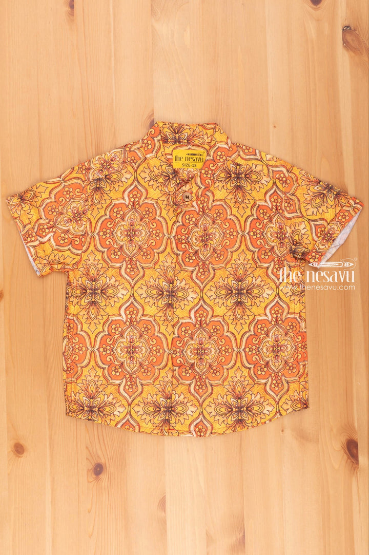 The Nesavu Boys Linen Shirt Youthful Yellow Linen Shirt for Boys with Floral Print Nesavu 16 (1Y) / Yellow / Linen BS089A-16 Infant Clothes Online | Traditional Newborn Clothes | the Nesavu