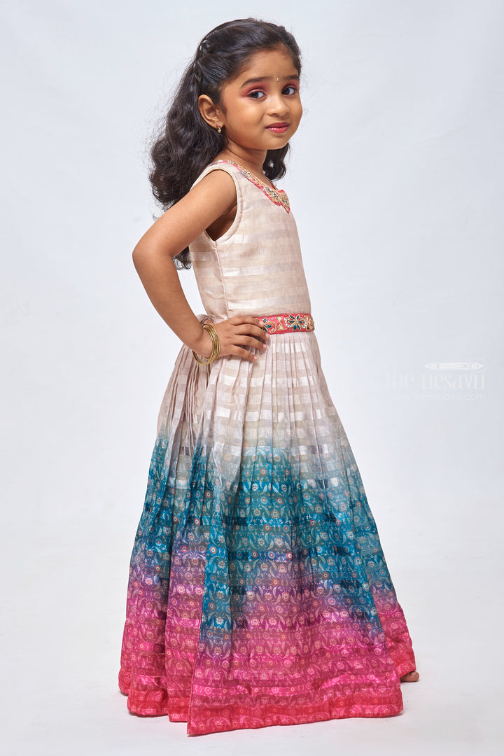 The Nesavu Girls Party Gown Zardosi Brilliance: Striped & Pleated Beige Gown for Girls Nesavu Festive Wear Anarkali Dresses for Girls | Full length Ethnic Gowns for Girls | The Nesavu