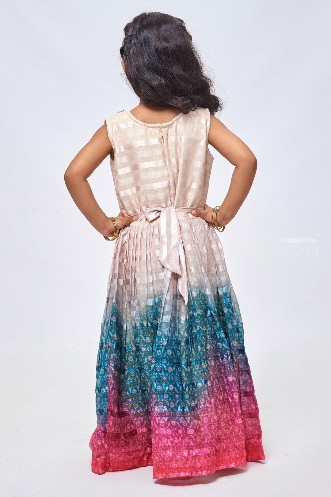 The Nesavu Girls Party Gown Zardosi Brilliance: Striped & Pleated Beige Gown for Girls Nesavu Festive Wear Anarkali Dresses for Girls | Full length Ethnic Gowns for Girls | The Nesavu