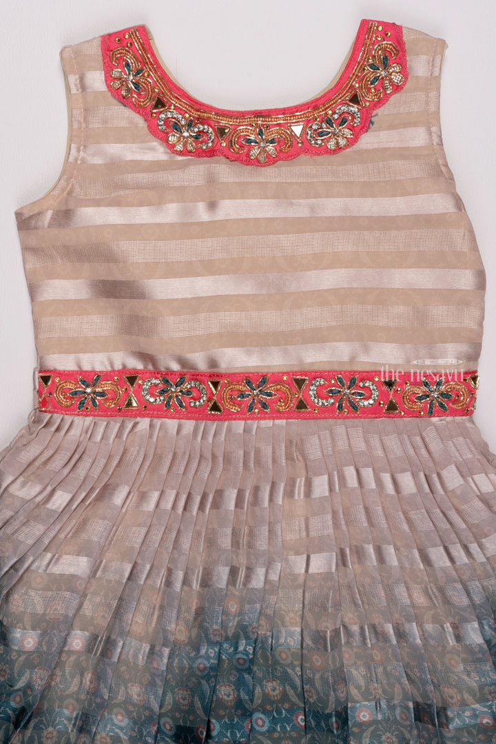 The Nesavu Party Gown Zardosi Brilliance: Striped & Pleated Beige Gown for Girls Nesavu Festive Wear Anarkali Dresses for Girls | Full length Ethnic Gowns for Girls | The Nesavu