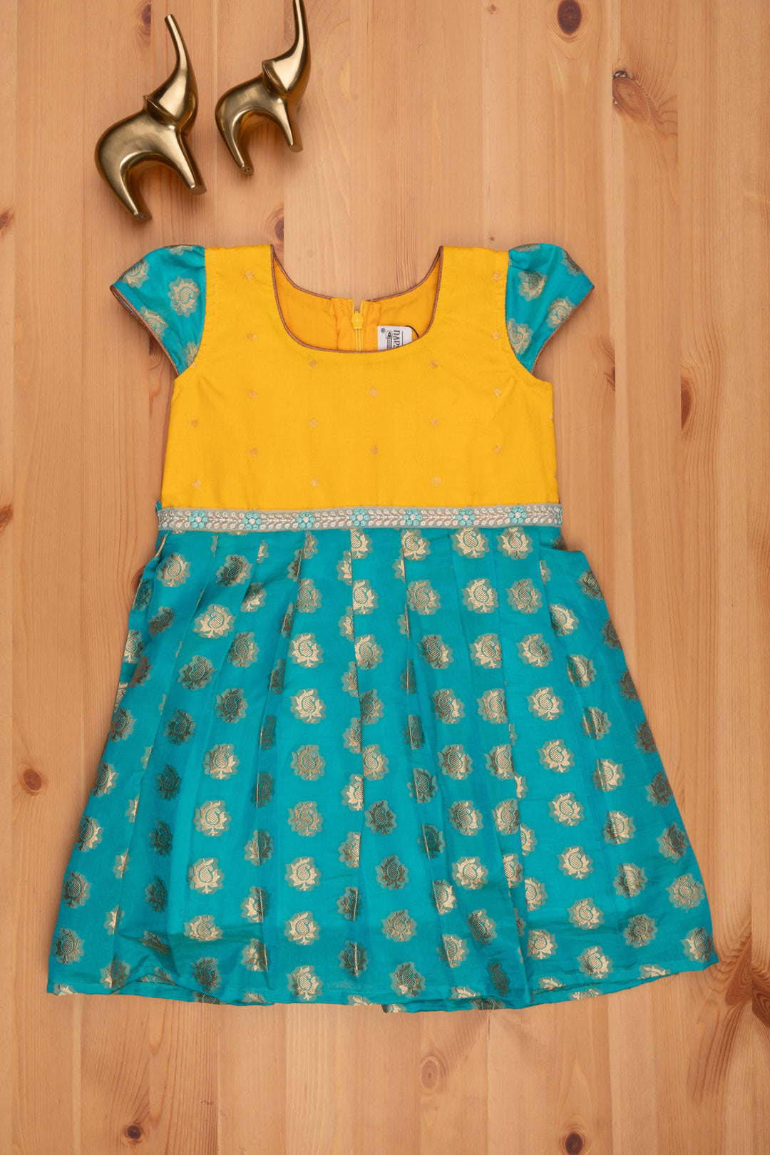 The Nesavu Silk Frock Zari Butta Designer Pattu dress with Yellow Yoke Nesavu 16 (1Y) / Blue SF615A-16 Zari Butta Designer Silk Frock | Traditional Silk Dress | The Nesavu