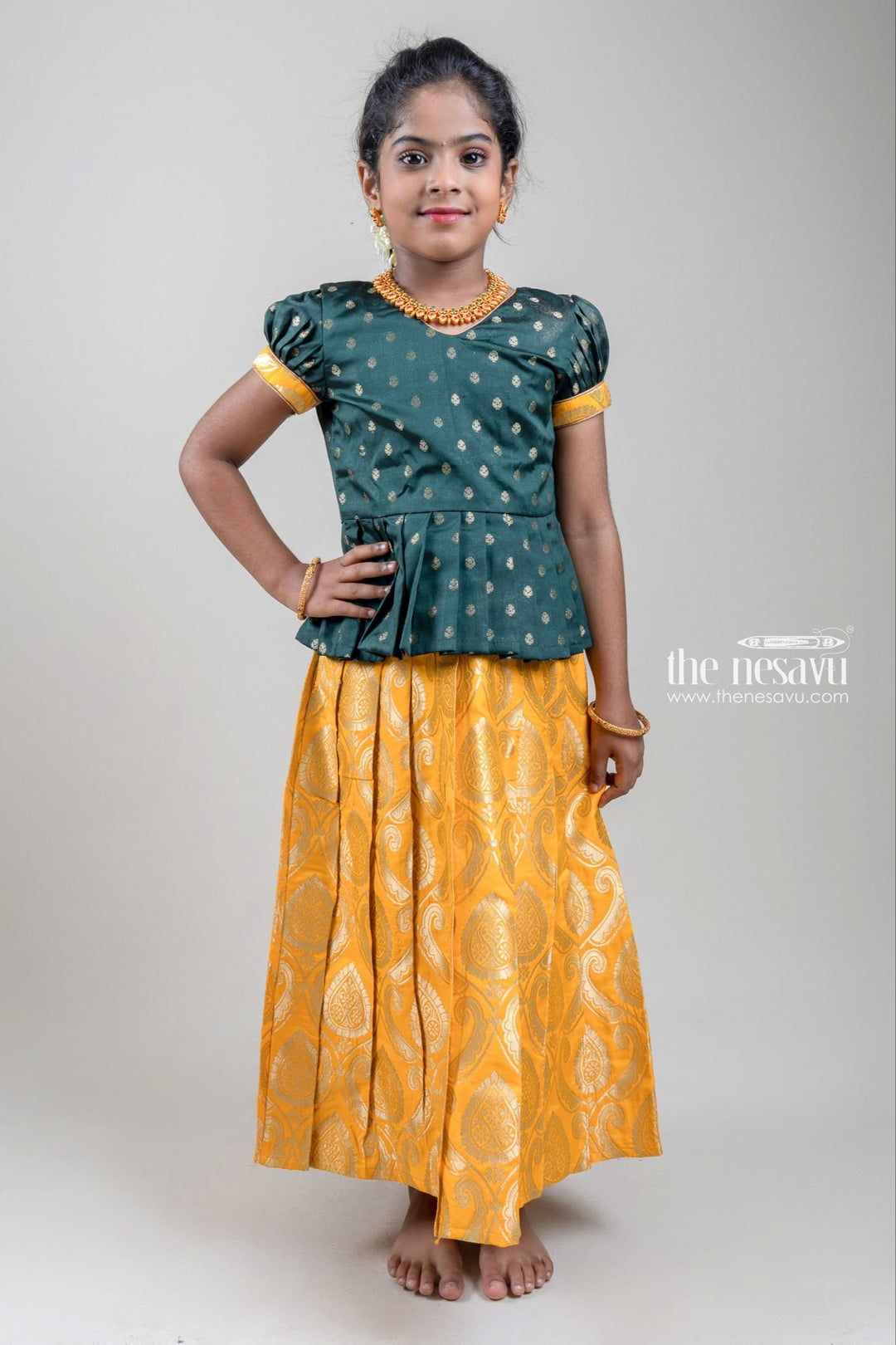 The Nesavu Pattu Pavadai Zari Butta Printed Green Silk Peplum Blouse with Knife Pleated Yellow Pattu Pavadai for Girls Nesavu 16 (1Y) / Yellow / Jacquard GPP263-16 Zari Butta Printed Green Silk Peplum Blouse with Knife Pleated yellow Pattu Pavadai for Girls | Shop at The Nesavu