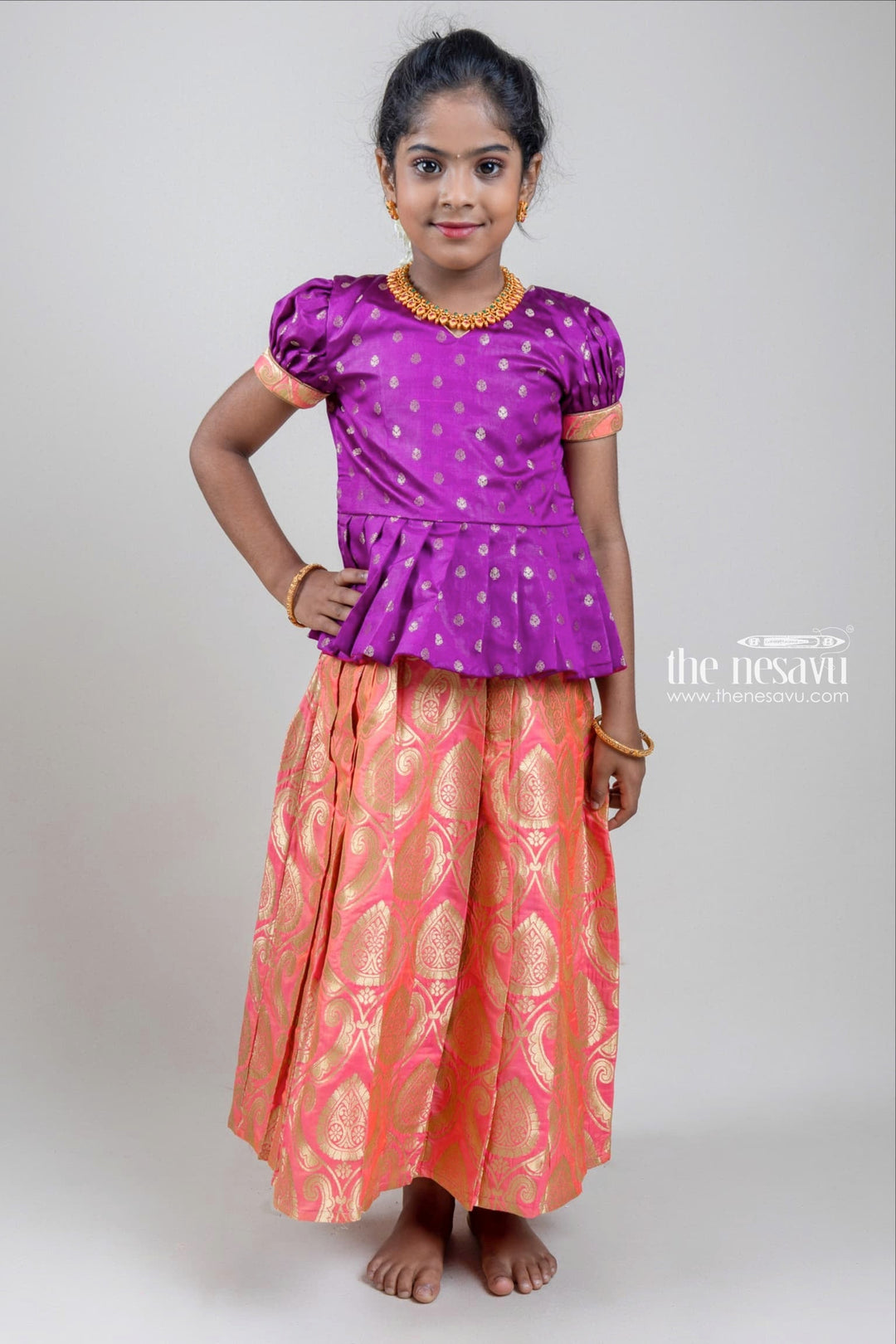 The Nesavu Pattu Pavadai Zari Butta Printed Purple Silk Peplum Blouse with Knife Pleated Pink Pattu Pavadai for Girls Nesavu 16 (1Y) / Pink / Jacquard GPP261-16 Zari Butta Printed Purple Silk Peplum Blouse with Knife Pleated Pink Pattu Pavadai for Girls | Shop at The Nesavu