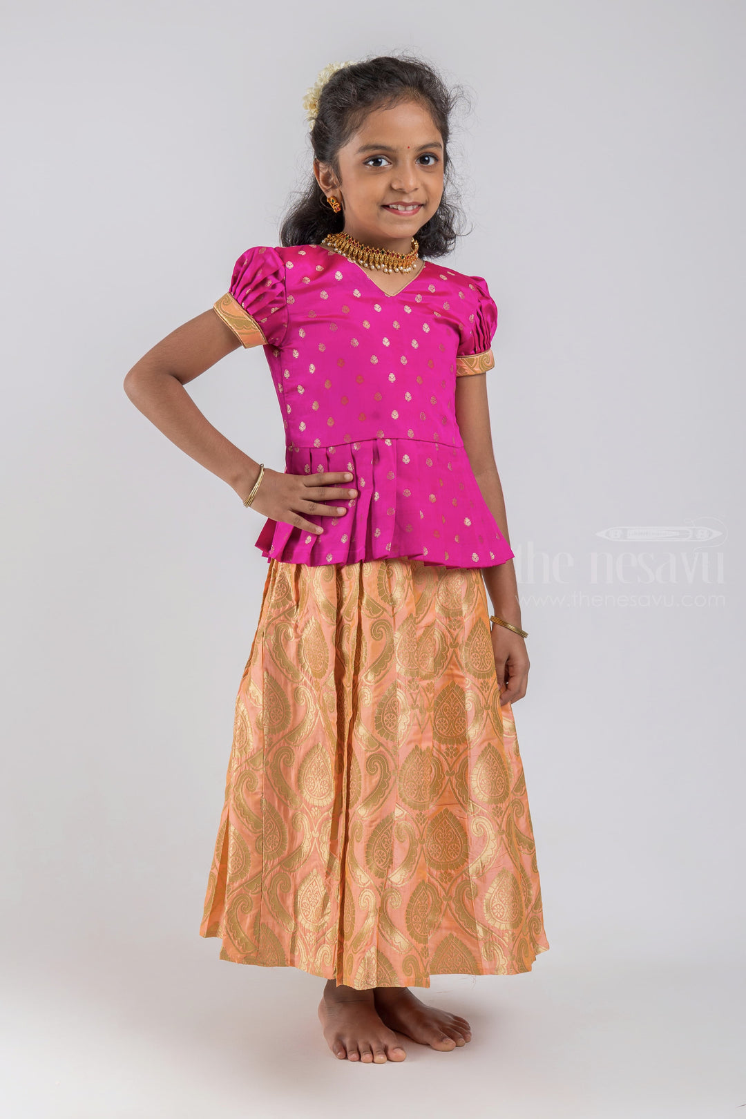 The Nesavu Pattu Pavadai Zari Butta Printed Purple Silk Peplum Blouse with Knife Pleated salmon Pattu Pavadai for Girls psr silks Nesavu