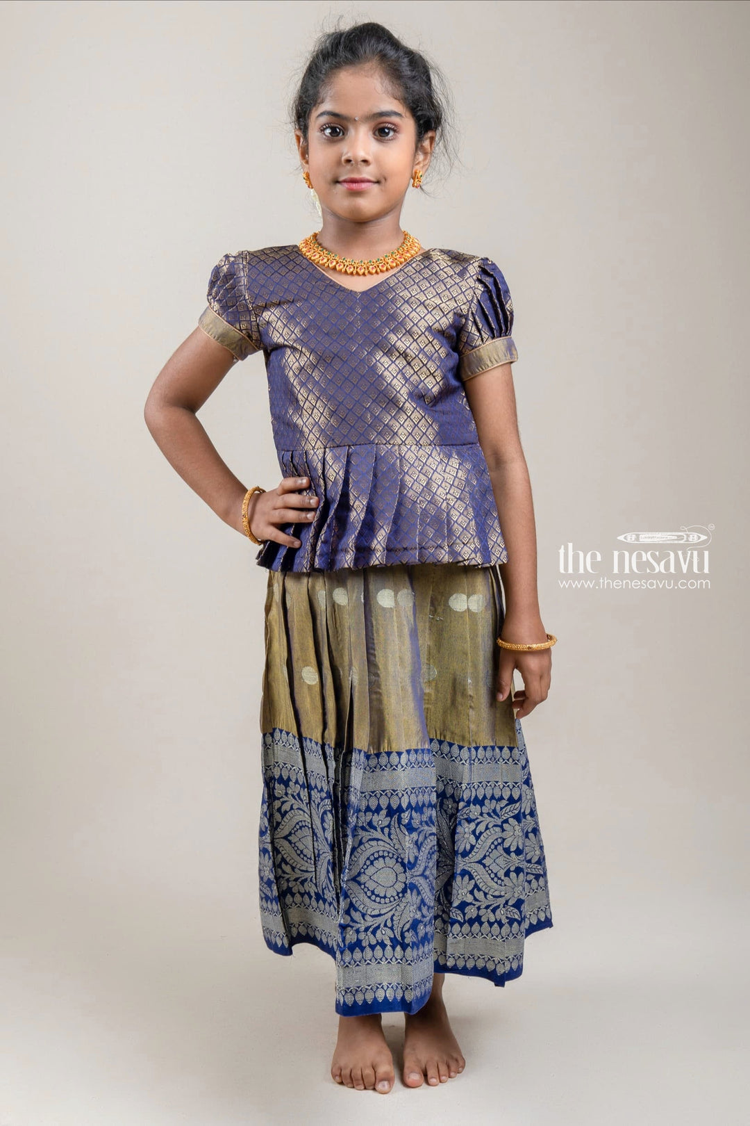 The Nesavu Pattu Pavadai Zari Designer Navy Silk Peplum Blouse with Knife Pleated Blue Silk Skirt for Girls Nesavu 16 (1Y) / Blue / Big Border GPP264A-16 Zari Designer Navy Silk Peplum Blouse with Knife Pleated Blue Silk Skirt for Girls | Shop at The Nesavu