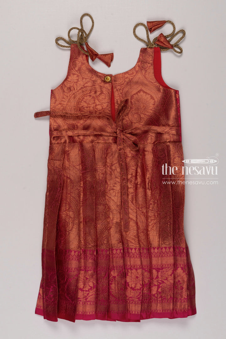 The Nesavu Tie-up Frock Zari Embroidered Paisley Designer Pink Silk Frock for Girls Nesavu Gold Tie Up Silk Dress | Luxurious Evening and Party Wear | The Nesavu