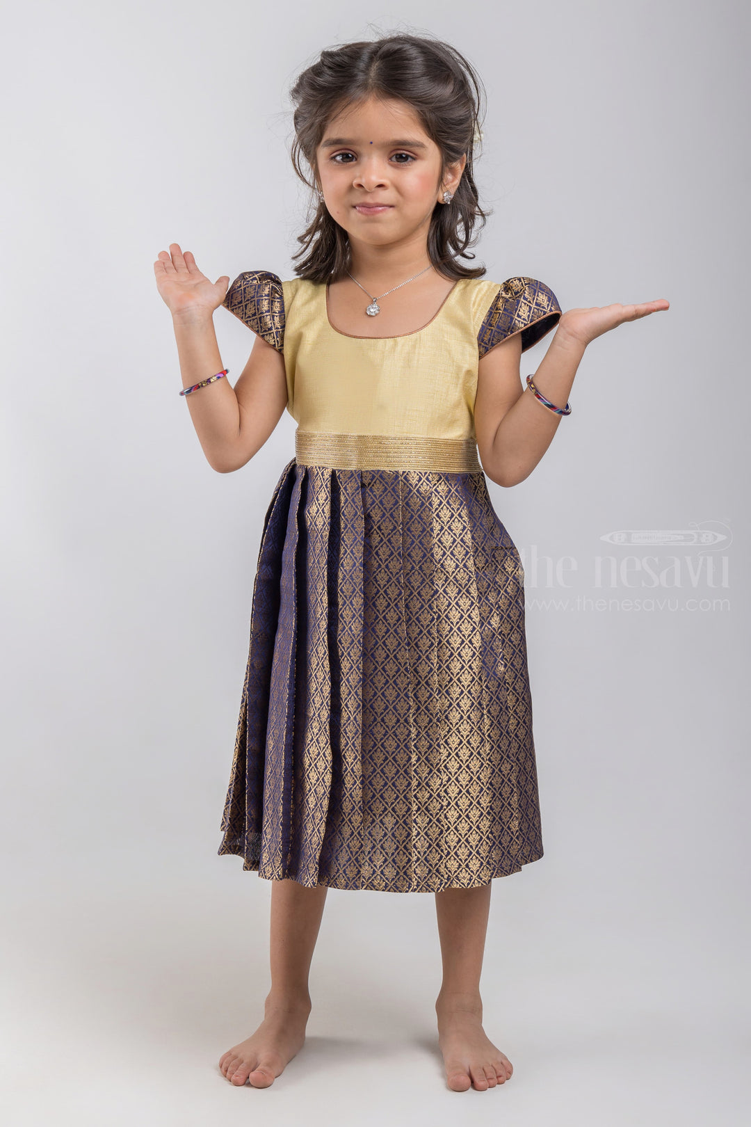 The Nesavu Silk Embroidered Frock Zari Floral Designer Blue Semi Dreamy Pattu Dress for Little Angels psr silks Nesavu 16 (1Y) / Blue / Semi Silk SF657A