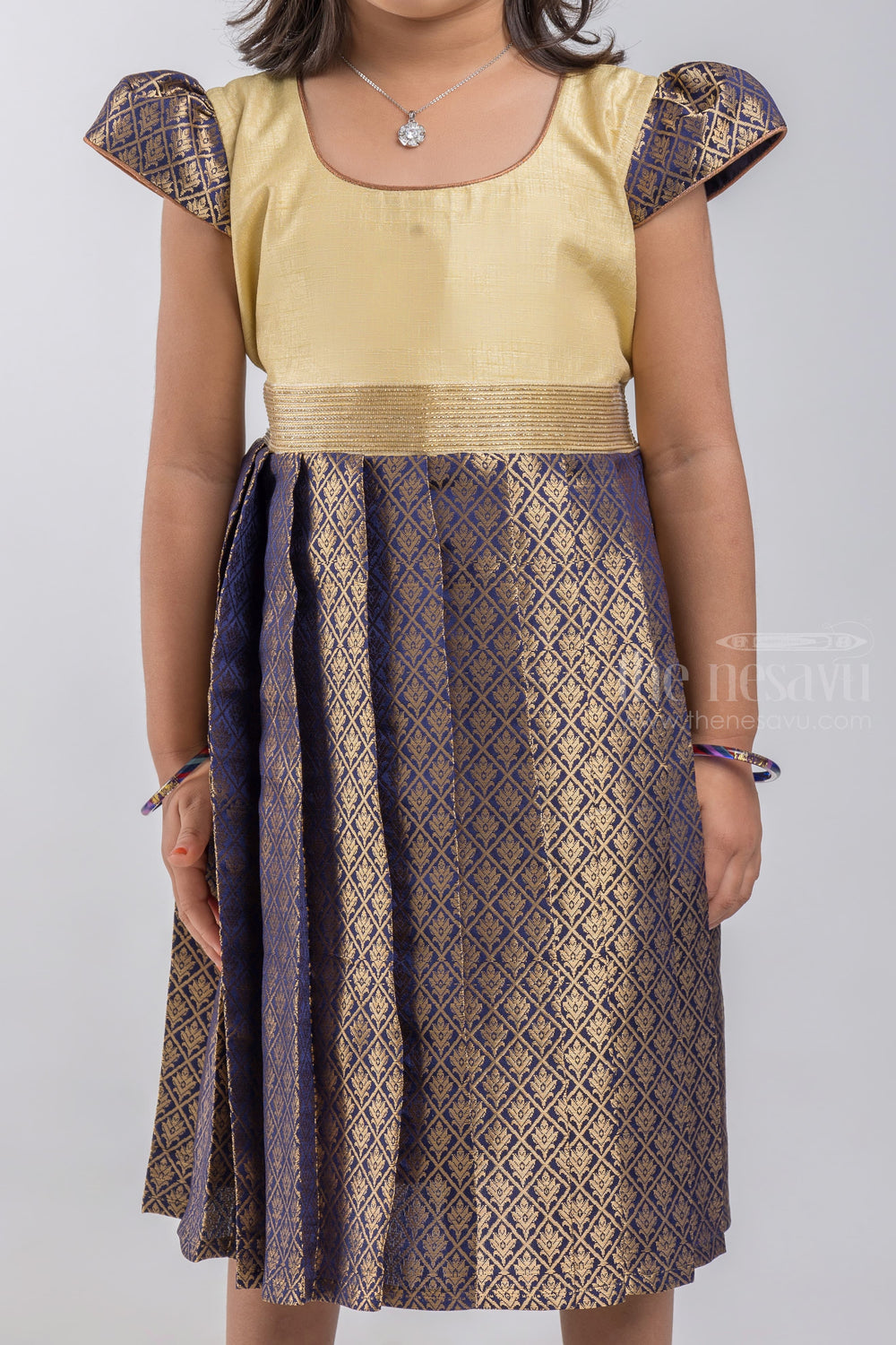 The Nesavu Silk Embroidered Frock Zari Floral Designer Blue Semi Dreamy Pattu Dress for Little Angels psr silks Nesavu