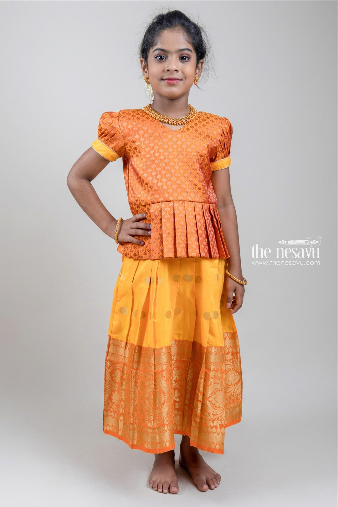 The Nesavu Pattu Pavadai Zari Floral Designer Brown Silk Peplum Blouse with Knife Pleated Yellow Silk Skirt for Girls Nesavu 16 (1Y) / Brown / Big Border GPP266A-16 Zari Floral Designer Yellow Silk Peplum Blouse with Knife Pleated Yellow Silk Skirt for Girls | Shop at The Nesavu