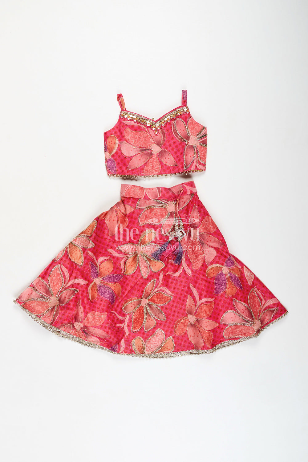 The Nesavu Girls Lehenga Choli Zari Lehenga Choli Set for Girls Floral Organza Partywear Nesavu 16 (1Y) / Pink GL726A-16 Nesavu Floral Wedding Lehenga Choli Set Girls Organza Blend Fine Zari Digital Print