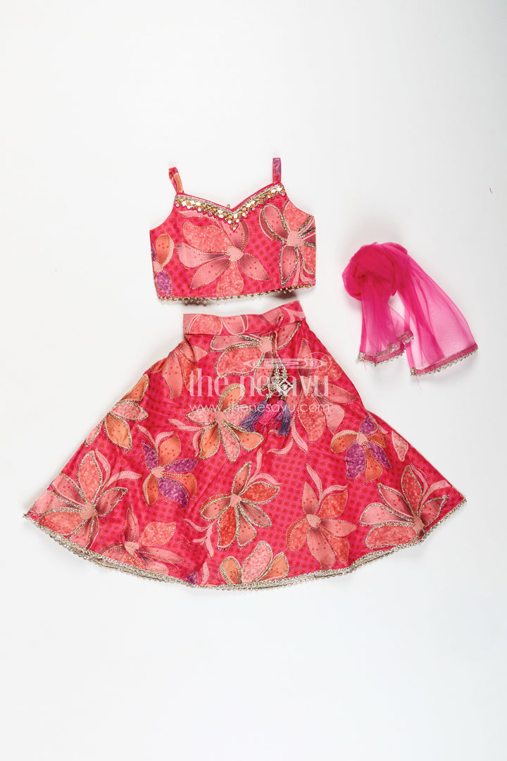 The Nesavu Girls Lehenga Choli Zari Lehenga Choli Set for Girls Floral Organza Partywear Nesavu Nesavu Floral Wedding Lehenga Choli Set Girls Organza Blend Fine Zari Digital Print