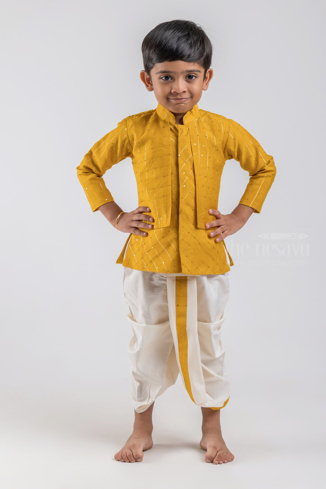 The Nesavu Boys Dothi Set Zari Stripes with Glitter Sequined Yellow Silk Cotton Kurta with White Dhoti for Boys psr silks Nesavu 10 (NB) / Yellow / Silk Cotton BES353A