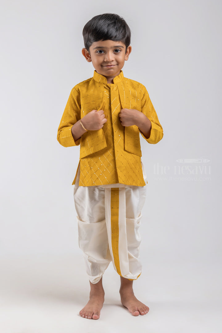 The Nesavu Boys Dothi Set Zari Stripes with Glitter Sequined Yellow Silk Cotton Kurta with White Dhoti for Boys psr silks Nesavu