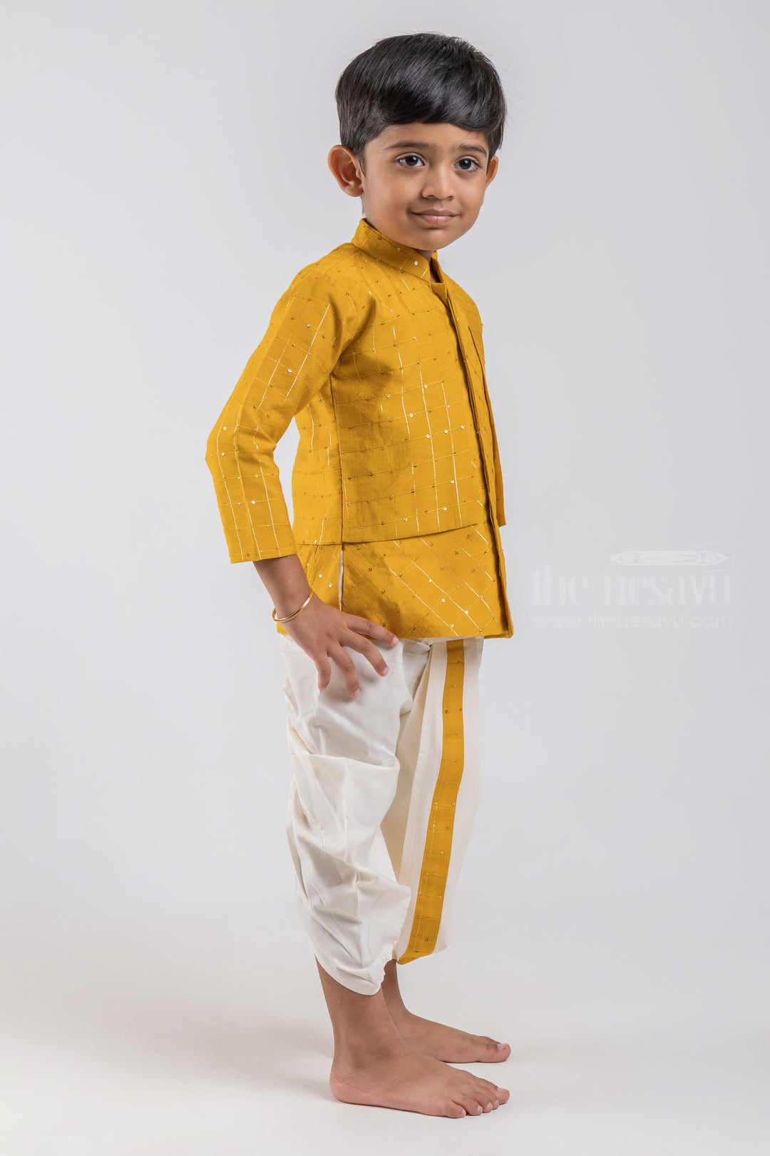 The Nesavu Boys Dothi Set Zari Stripes with Glitter Sequined Yellow Silk Cotton Kurta with White Dhoti for Boys psr silks Nesavu