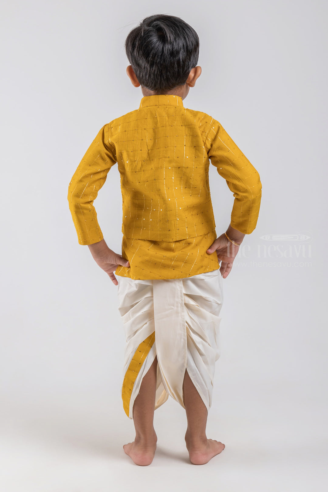 The Nesavu Boys Dothi Set Zari Stripes with Glitter Sequined Yellow Silk Cotton Kurta with White Dhoti for Boys psr silks Nesavu