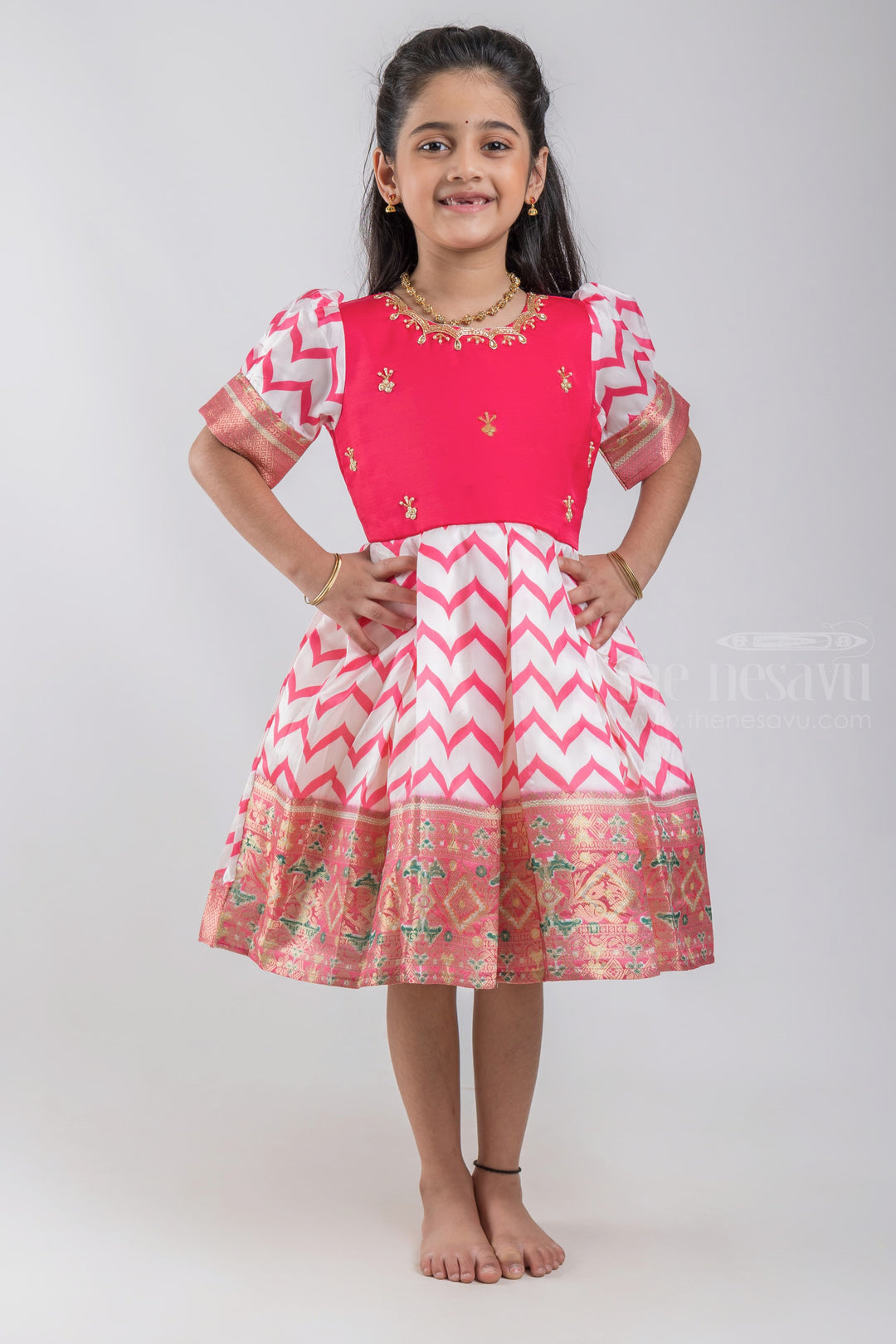 The Nesavu Silk Party Frock Zari With Banarasi Designer Dainty Elegance: Girls' Pattu Dress psr silks Nesavu 16 (1Y) / Pink / Jacquard SF660