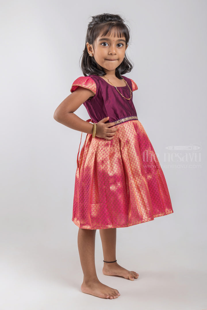 The Nesavu Silk Embroidered Frock Zari with Brocade Designer Pleated Pink Silk Frock with Purple Yoke for Girls Nesavu Pink Silk Frock Collection | Kanchi Design Silk Frock | The Nesavu