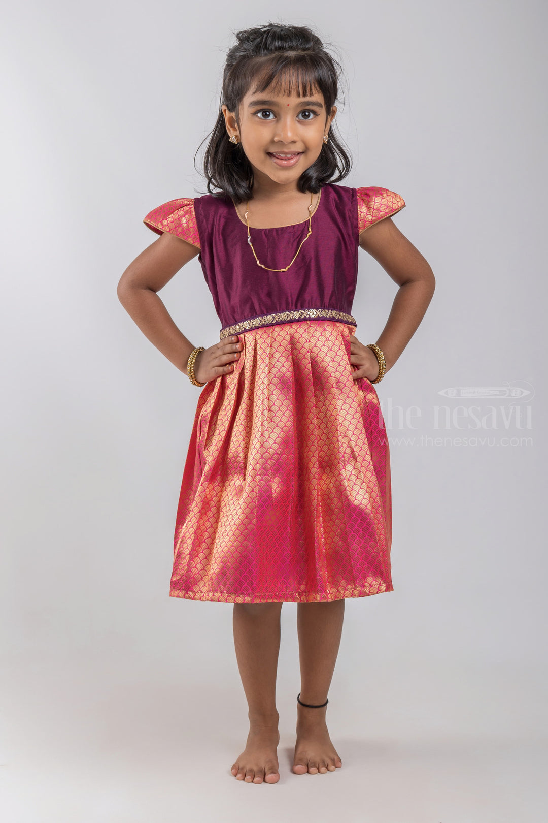 The Nesavu Silk Embroidered Frock Zari with Brocade Designer Pleated Pink Silk Frock with Purple Yoke for Girls psr silks Nesavu 16 (1Y) / Pink / Semi Silk SF626