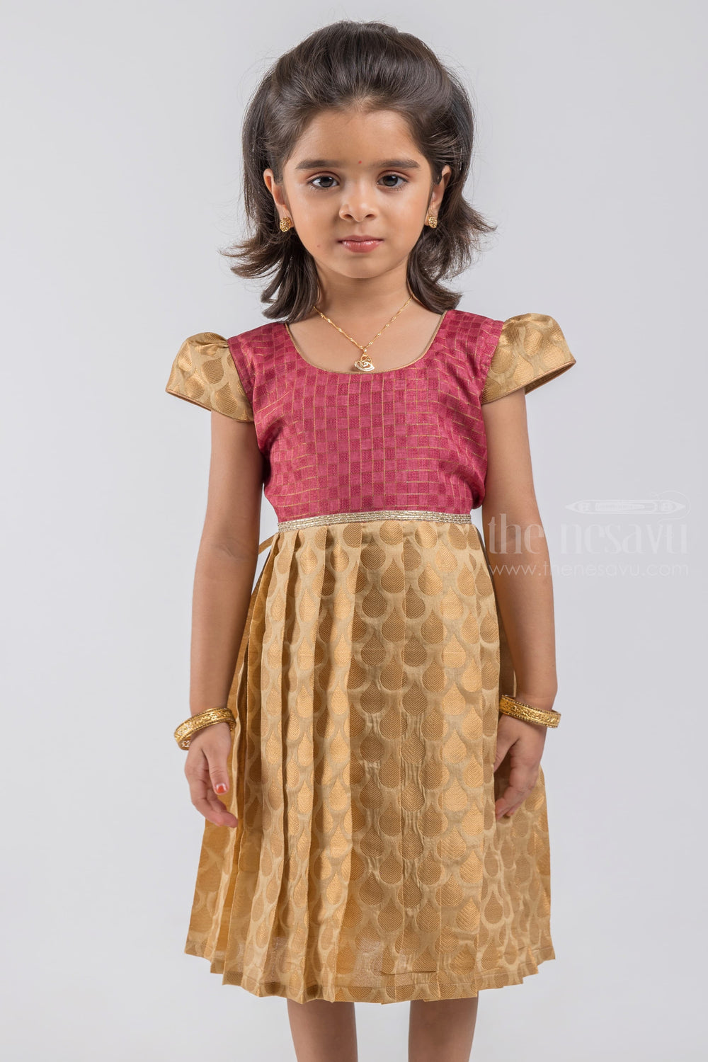 The Nesavu Silk Frock Zari with Leaf Designer Pleated Beige Silk Frock with Checkered Pattern Brown Yoke psr silks Nesavu