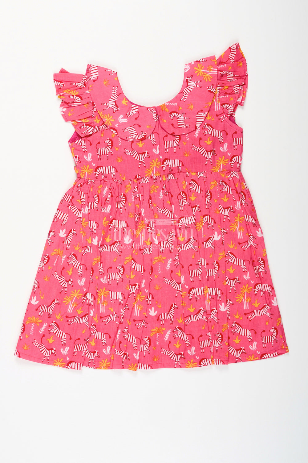 The Nesavu Girls Cotton Frock Zebra Print Cotton Frock for Toddler Girls with Ruffled Sleeves Nesavu 18 (2Y) / Pink GFC1943A-18 Nesavu toddler girls pink cotton frock with zebra print and ruffled sleeves for casual wear