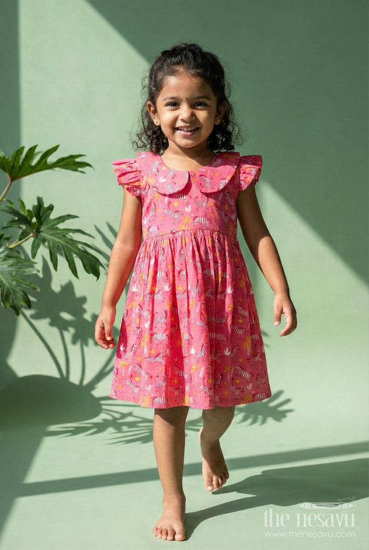 The Nesavu Girls Cotton Frock Zebra Print Cotton Frock for Toddler Girls with Ruffled Sleeves Nesavu 18 (2Y) / Pink GFC1943A-18 Nesavu toddler girls pink cotton frock with zebra print and ruffled sleeves for casual wear