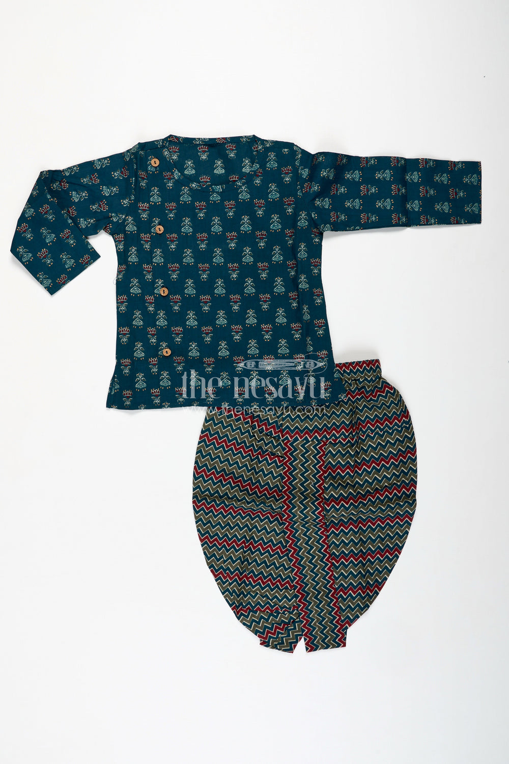 The Nesavu Boys Dothi Set Zigzag Dhoti Set for Boys Mustard Yellow Party Outfit Nesavu 12 (3M) / Blue BES721B-12 Nesavu Boys Designer Green Cotton Dhoti Kurta Set Ethnic Print Weddings Celebrations