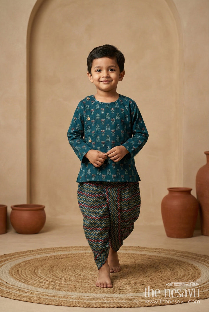 The Nesavu Boys Dothi Set Zigzag Dhoti Set for Boys Mustard Yellow Party Outfit Nesavu 12 (3M) / Blue BES721B-12 Nesavu Boys Designer Green Cotton Dhoti Kurta Set Ethnic Print Weddings Celebrations