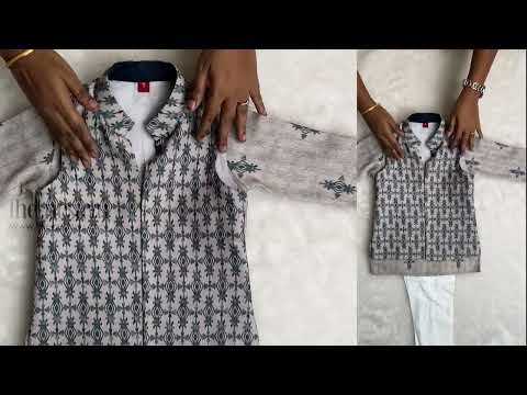 Grey Three Piece Kurta Set With Overcoat For Little Boys