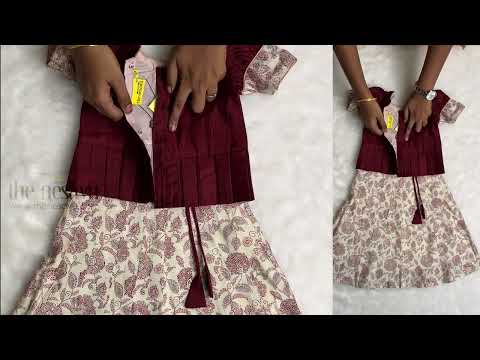 Floral Printed Pleated Beige Skirt with Box Pleated Brown Jacquard Silk Blouse for Girls